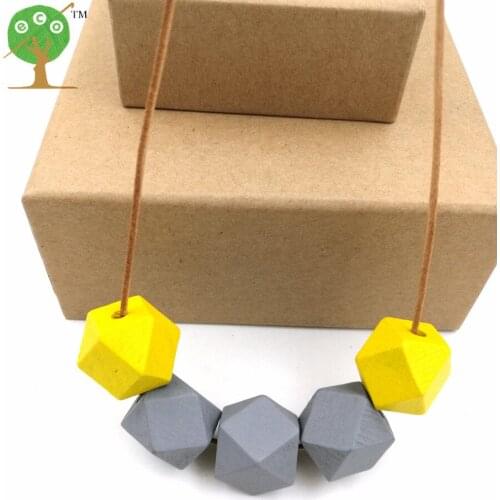 Wood geometric necklace painted Chunky ball Faceted Wooden Beads On leather cord yellow grey statement NW055
