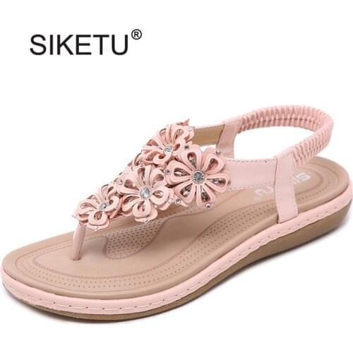 SIKETU Brand Women Sandals 2019 Ethnic Womens Flip Flops Bohemian Rhinestone Flowers Slides Summer Lady Flat Shoes Plus Size 42