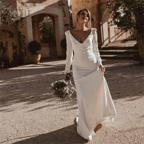 Vintage V-neck Wedding Dresses With Long Sleeves Mermaid Style Vestido De Novia Backless Elastic Satin Simple Bridal Gowns