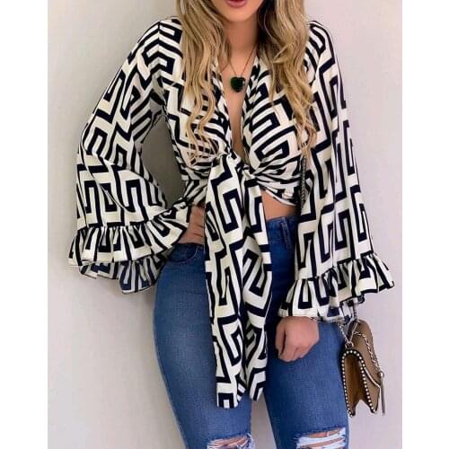 2019 Autumn sexy wrap bow tie Waist V-neck shirt women Puff long sleeve tops Lady Fashion streetwear blusas shirts