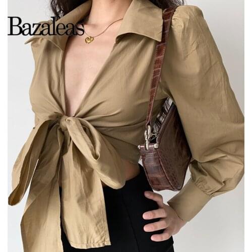 2022 Spring Women Bows Brown Cropped Fitted Blouse Streetwear Turn Down Blouse Women Crop Top