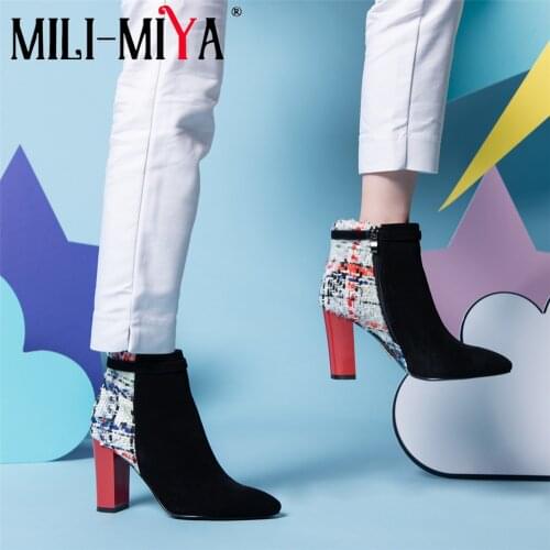 MILI-MIYA Fashion Women Cow Leather Ankle Boots Zipper Pointed Toe Square Heels Mixed Colors Street Shoes Plus Size 34-42