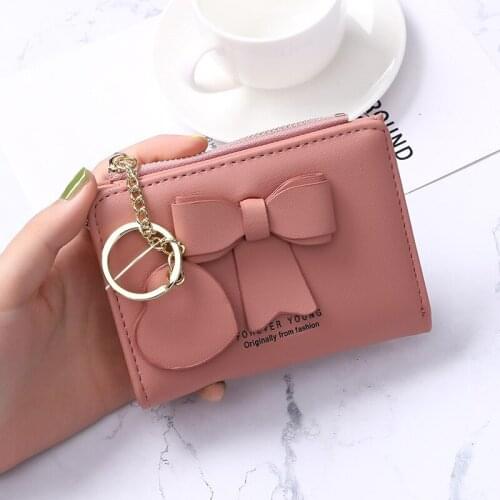 Female Short PU Leather Wallet with Zipper Women Pendant Bowknot Coin Purse Pure Color Cute Multi Card Clip porte monnaie femme