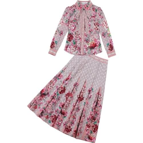 S-3XL 2020 autumn and winter new heavy work bead set womens fashion printed shirt shirt + pleated half length skirt two-piece