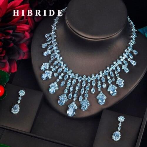 HIBRIDE Clear Big Water Drop Pendant Women Jewelry Sets Bride Full Cubic Zircon Necklace Set Fashion Luxury Jewelry N-618