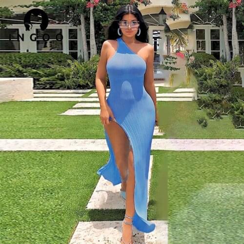 INGOO One Shoulder Ribbed Knitted Maxi Dress Women Clubwear Solid Sleeveless Side High Split Long Robe Party Sexy Slim Dresses
