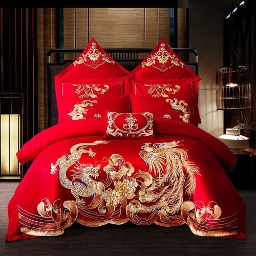 Red Chinese Wedding 100% Cotton Bedding Set Luxury Golden Phoenix Loong Embroidery Duvet Cover Bed Sheet Bedspread Pillowcases