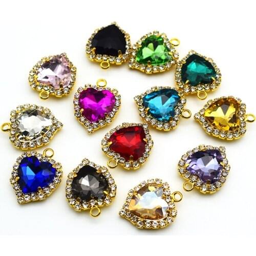 12MM Gold Base Single Hoop Heart-Shaped Crystal Buckle Glass Flatback Sewing on Rhinestones For Clothing Jewelry Accessories