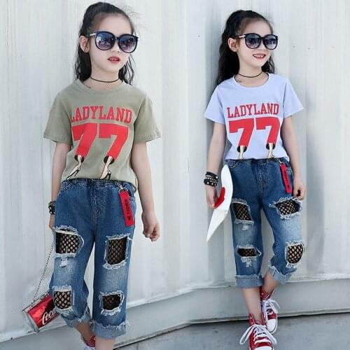 2017 Girls Summer Clothing Set Kids Cotton T-shirt & Hole Net Cowboy Pants Fashion Girls Set