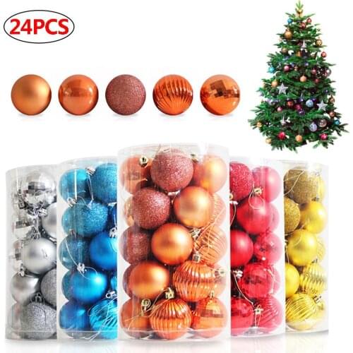 24pcs 5 Colors Christmas Tree Decor Ball Bauble Gold Silver Plastic Hanging Ball Ornaments Decorations For New Year Home Decor