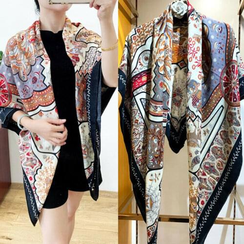 70% Cashmere 30% Silk Thin Scarf Vintage Flower Floral Print Shawl Square Stole Large Blanket Kerchief 135*135cm