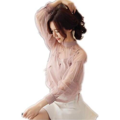Sexy Spring Women Blouses 2019 New Fashion Beading Long Sleeve Shirts Mujer Perspective Chiffon Blouses Stand-Collar Tops Q1258