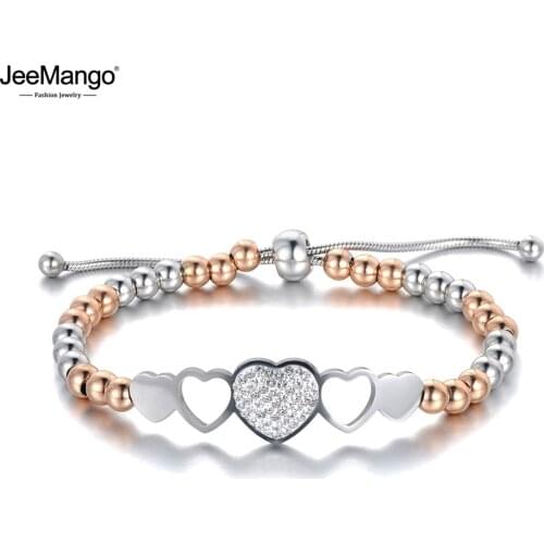 JeeMango Bohemia Titanium Stainless Steel Beads Heart Charm Bracelets For Women Trendy CZ Crystal Chain Link Jewelry JB19086