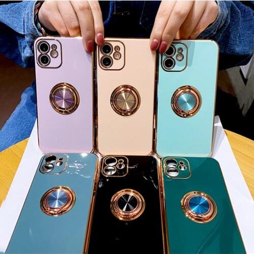 Luxury Plating Silicone Case For iPhone 11 12 Pro Max XS XR X 7 8 Plus iPhone11 Square Shell Bumper Soft Covers With Ring Holder