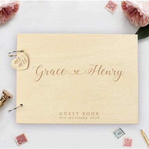 Wooden Wedding Guest Book, Surname Guestbook, Stylish Black, Laser Engraved Names Bride and Groom