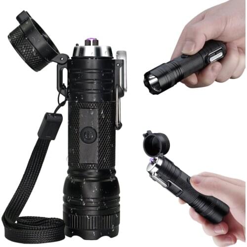 Outdoor USB Electronic Lighters Waterproof Plasma Arc Lighters Metal Flashlights Rechargeable Lighters Lighting Tools Mens Gift
