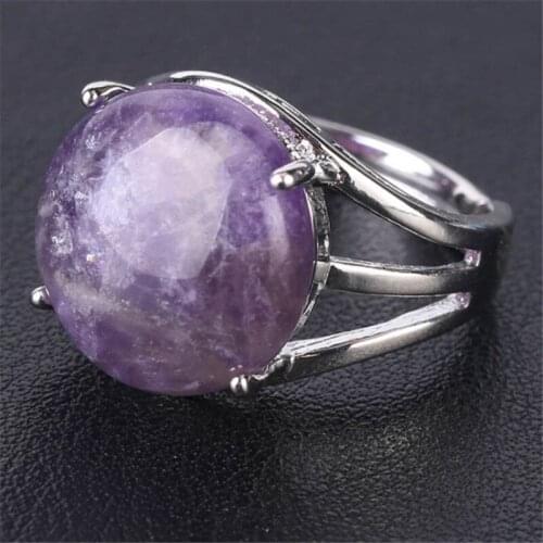 Purple Crystal Stone Ring For Women Natural Stone Ring Round Beads Casual Finger Rings Purple Quartz Silver Colors Party Jewelry