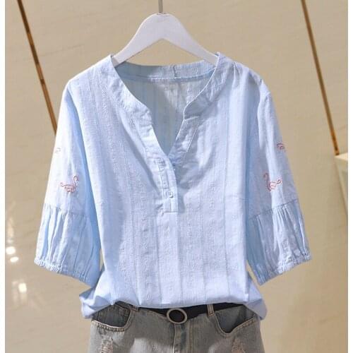 Cotton 100% Embroidery Women White Shirts Summer New Design V-Neck Half Sleeved Straight Solid Elegant Office Lady Outwear Tops