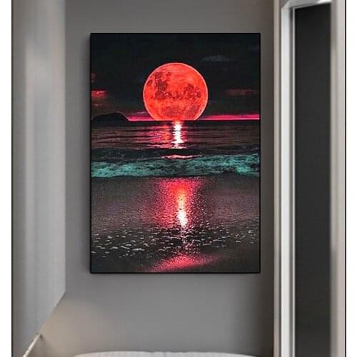 Art Oil Painting Red Moon. Yellow Moon Landscape Painting Print Canvas Posters and Prints Home Living Room Wall Decoration Paint