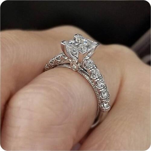 Huitan Simple Classic Solitaire Princess Cut Zircon with Round CZ Band Women Rings Wedding Engagement Party Jewelry Top Quality