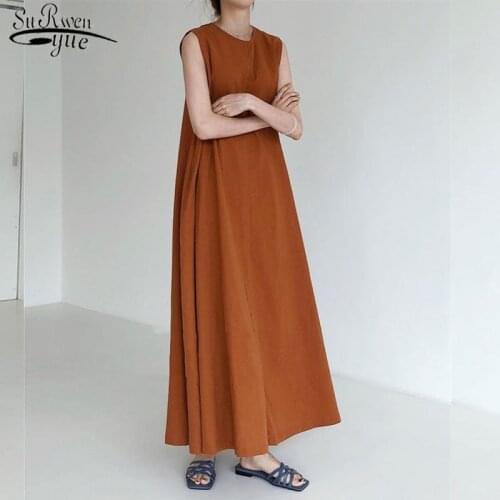 Summer Fashion Solid Dress Korea Chic Loose Plus Size Dress Women Cotton Sleeveless Dress Women Casual Long Dress Vestido 13892