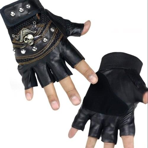 Men Women Fashion Hip Hop Womens Gym Punk Gloves Half Finger Mens Gloves Skulls Rivet PU Leather Fingerless Gloves