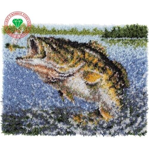 Landscape Fishing DIY Latch Hook Rug Kits Unfinished Crocheting Hooks Yarn Needlework Cushion Set for Embroidery Carpet Mat