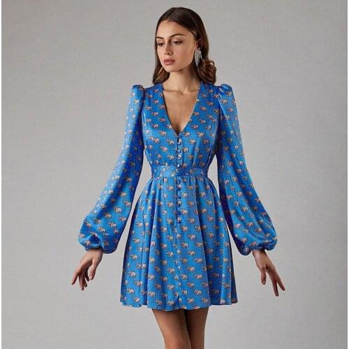 Women Dress Spring Autumn New Products V-Neck Lantern Sleeve Satin Printed Dress Female Sexy Short Lace-Up A-Line Skirt