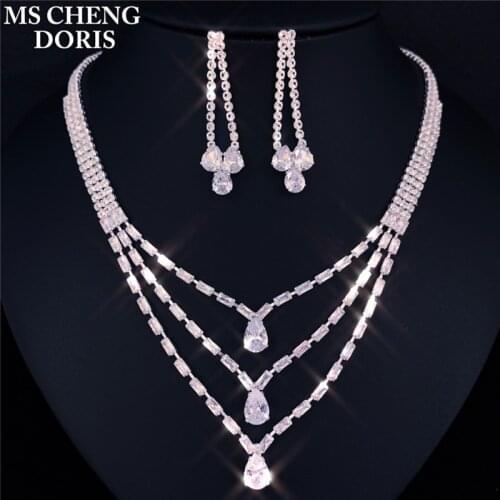 European and American Luxury Zircon Necklace Earrings Three-Layer Drop Necklace Jewelry Set Hot Sale Bridal Accessories