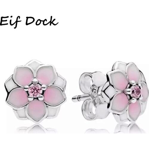 Pink Cherry Flower Blossoms Flower Crystal Stud Earrings Silver Color Ear Studs Womens Party Jewelry Mothers day Birthday Gift
