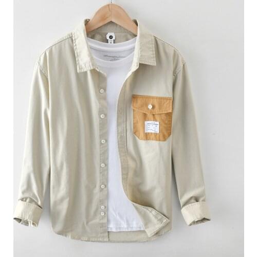 Long Sleeve Shirts for Men Casual Patchwork Vintage Clothing Pure Cotton Turn-down Collar Male Single Breasted Tops
