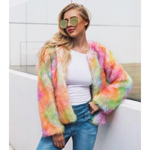 Savabien 2019 Rainbow Faux Fur Coat Long Sleeve O Neck Furry Luxury Fake Fur Jacket Festival Overcoat Cardigan Streetwear Female