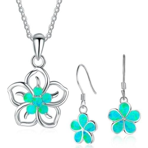 FYJS Unique Jewelry Sets Silver Plated Flower of Life Pendant 3 Colors Opalite Opal Necklace Drop Earrings