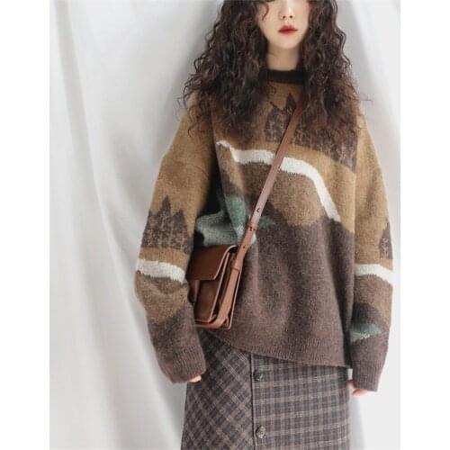 Sweater Women Winter Warm Knitted Pullover Loose Sweater Contrasting Colors Long Sleeve Round Neck Sweaters for Women Y255