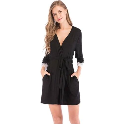 Female pajamas modal lace stitching black nightgown sexy skin-friendly dressing gown hot new robe bathrobe pijama 2020