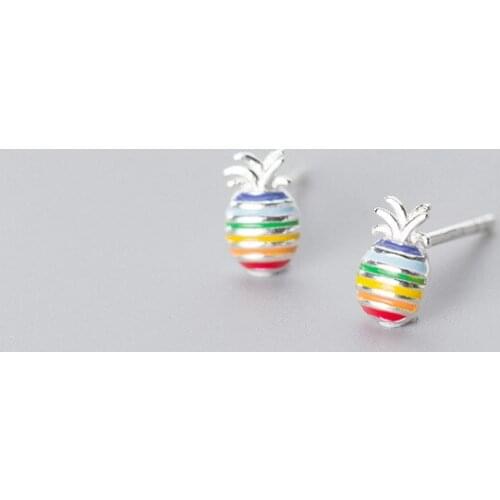 MloveAcc 100% 925 Sterling Silver Creative Rainbow Pineapple Stud Earrings Fashion Jewelry for Women Pierced Earring Party Gift