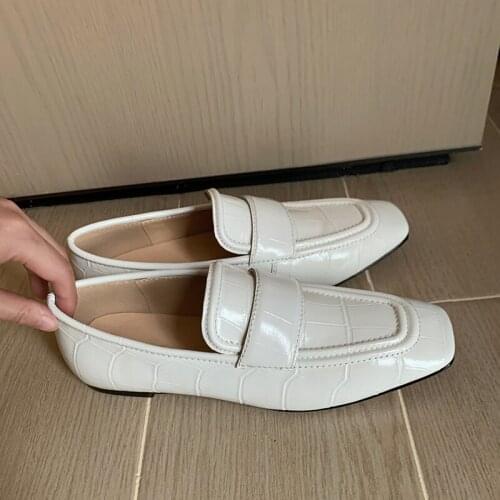 SKLFGXZY Women Pumps Natural Genuine Leather Thick Heel Loafers Shoes Real Leather Square Toe Shoes Ladies Size 33-40