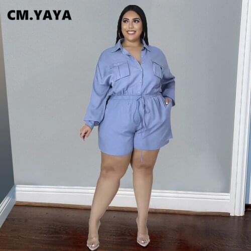 CM.YAYA Women Plus Size Playsuits Solid Full Sleeve Single Breasted Loose Straight Playsuits with Pockets Casual Rompers Autumn