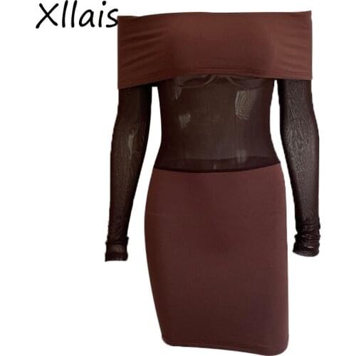 XLLAIS Breathable Slash Neck Robe Sexy Transparent See Through Clothes Mesh Stitching Bodycon Club Dresses For Women