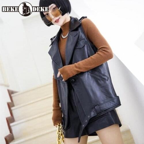 Korean Style New Womens Genuine Leather Vest Jacket Turn-Down Collar Single Button Pockets sheepskin Fashion Sleeveless Vest