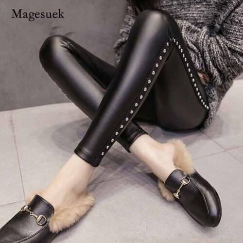Winter Leggings Women Fashion Rivets Slim Pencil Pants Black Skinny Ladies Pants Fleece Women Pants PU Leather Spodnie Z0002