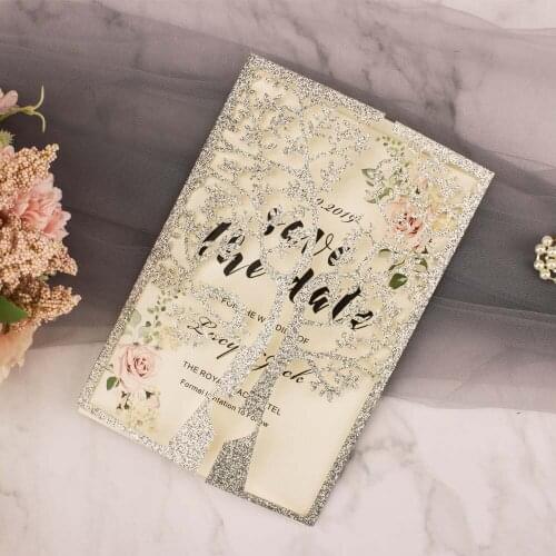 25pcs silver glitter paper elegant laser cut tree Wedding invitation cards customizable pocket cover for Bridal Shower supply