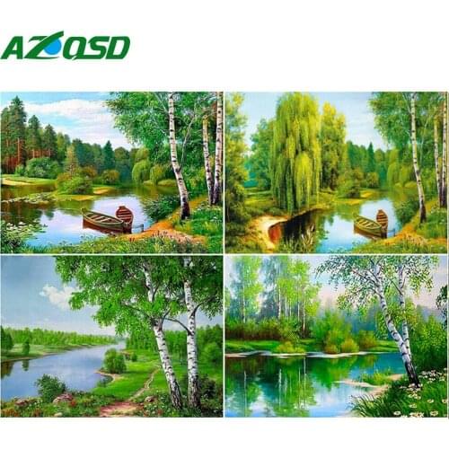 AZQSD Diamond Mosaic River Cross Stitch Full Square Drill Needlework Diamond Art Painting Kits Landscape Home Decoration