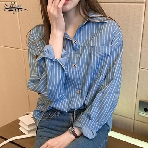 Blusas 2020 Autumn New Korean Loose Long Sleeve Blouse Tops Women Shirts Blue Striped Shirt Pocket Casual OL Style Female 10429