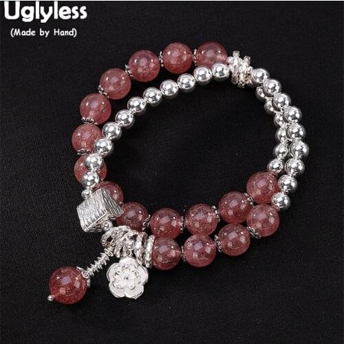 Uglyless 100% Real 925 Sterling Silver Balls Beading Bracelets for Women Elastic Rope 2 Layers Bracelet Strawberry Quartz Balls