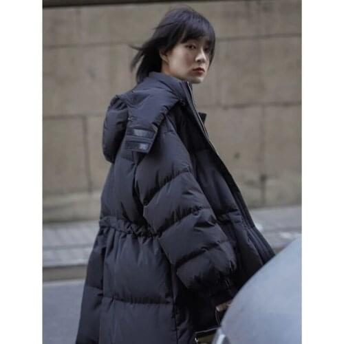 Black Mid-length Padded Coat High Neck Hooded 2021 New Womens Thick Loose Solid Color Plus Velvet Oversize Outerwear Parka