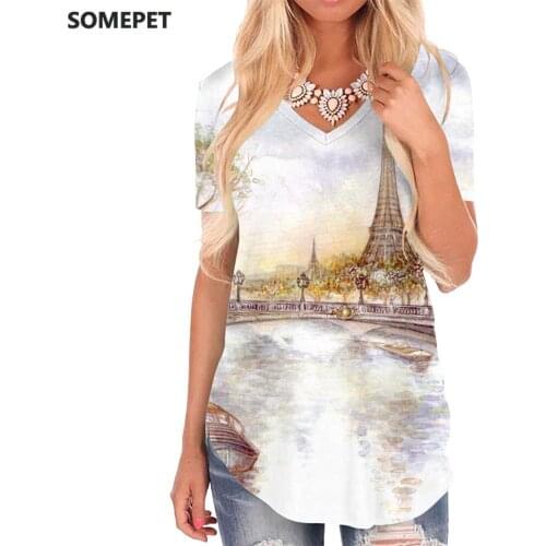SOMEPET Tower Of Paris T Shirt Women Tree V-neck Tshirt Sail Tshirts Printed Painting Shirt Print Womens Clothing Hip hop