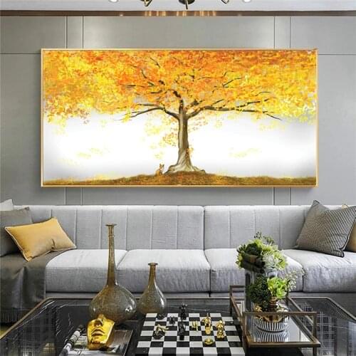 Nordic Yellow Tree of Life Fox Oil Painting on Canvas Wall Art Posters Prints Wall Picture for Living Room Home Cuadros Decor