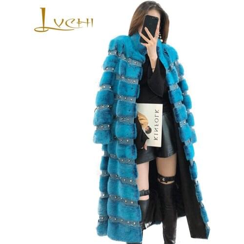 LVCHI 2019 Winter Swan Velvet Mink Fur Coat Full Sleeve Real Fur Coats Mandarin Collar Women Thicken X-Long Rivet Mink Fur Coats