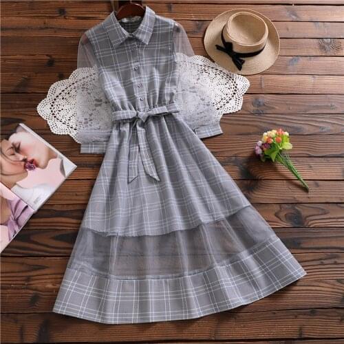 Mori girl fashion plaid vestidos japan style long sleeve mesh dress
